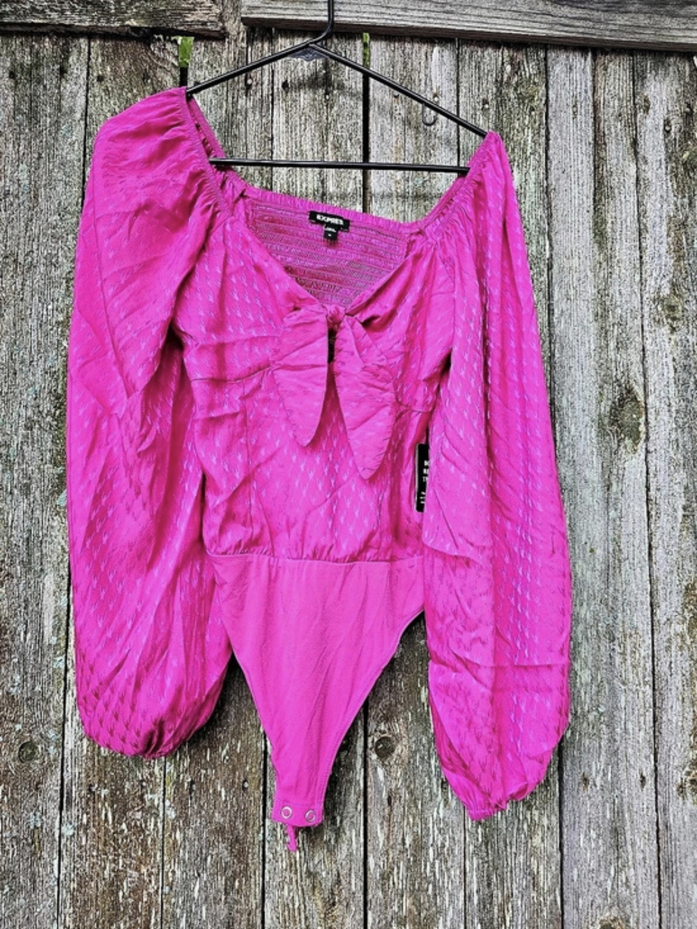 Express Satin Jacquard Tie-Front Long Sleeve Bodysuit Pink Medium